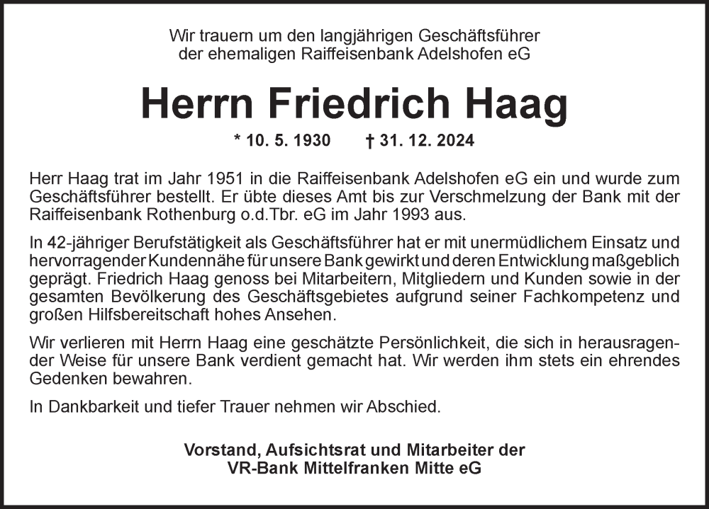  Traueranzeige für Friedrich Haag vom 17.01.2025 aus Rothenburg