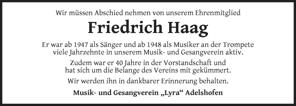  Traueranzeige für Friedrich Haag vom 15.01.2025 aus Rothenburg