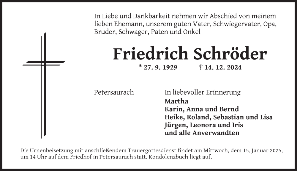  Traueranzeige für Friedrich Schröder vom 11.01.2025 aus Ansbach