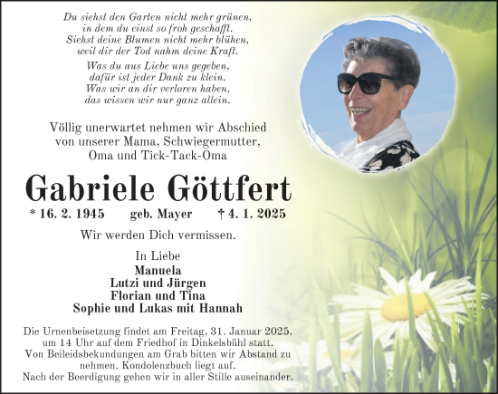 Traueranzeige von Gabriele Göttfert von Dinkelsbühl/ Feuchtwangen