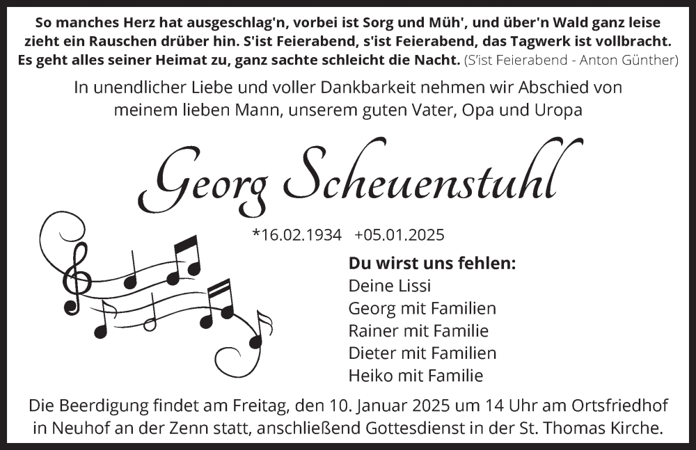  Traueranzeige für Georg Scheuenstuhl vom 08.01.2025 aus Neustadt/ Scheinfeld/ Uffenheim