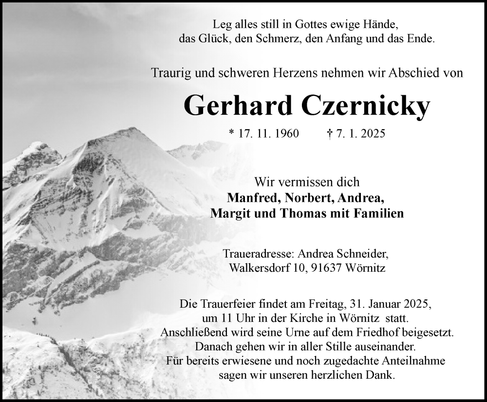  Traueranzeige für Gerhard Czernicky vom 29.01.2025 aus Rothenburg