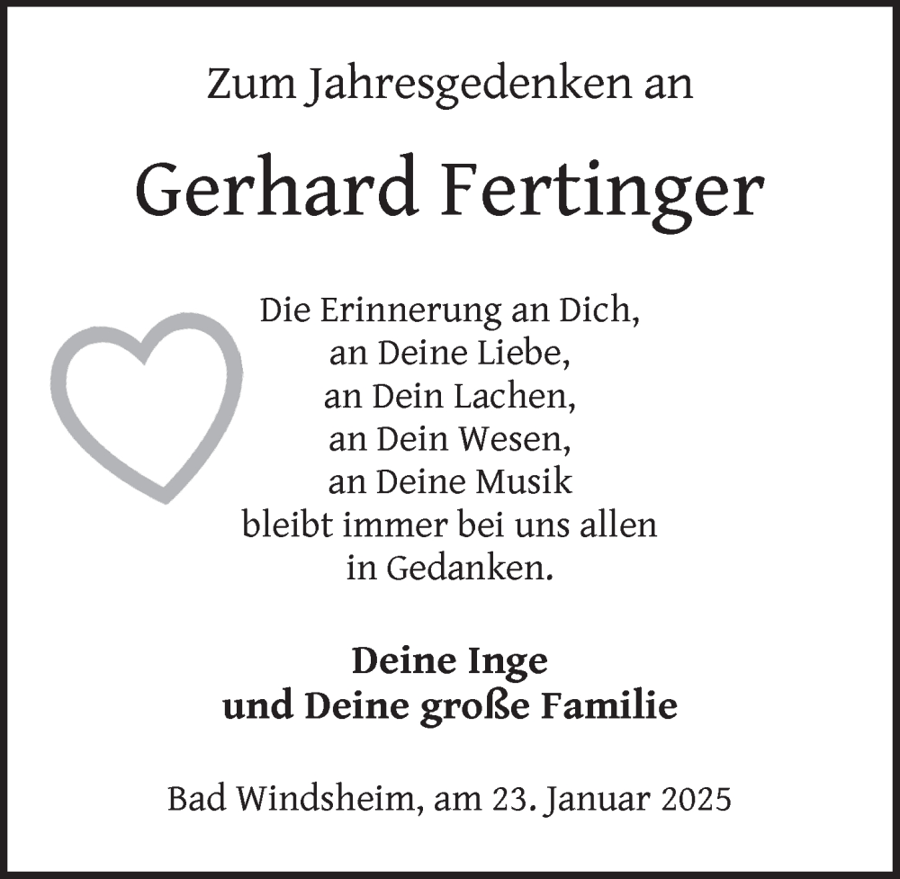  Traueranzeige für Gerhard Fertinger vom 23.01.2025 aus Neustadt/ Scheinfeld/ Uffenheim
