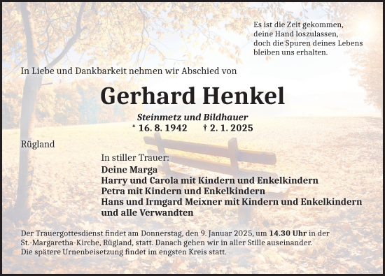 Traueranzeige von Gerhard Henkel von Ansbach