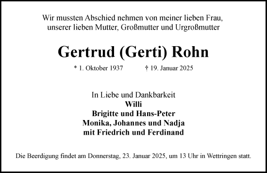 Traueranzeige von Gertrud  Rohn von Rothenburg