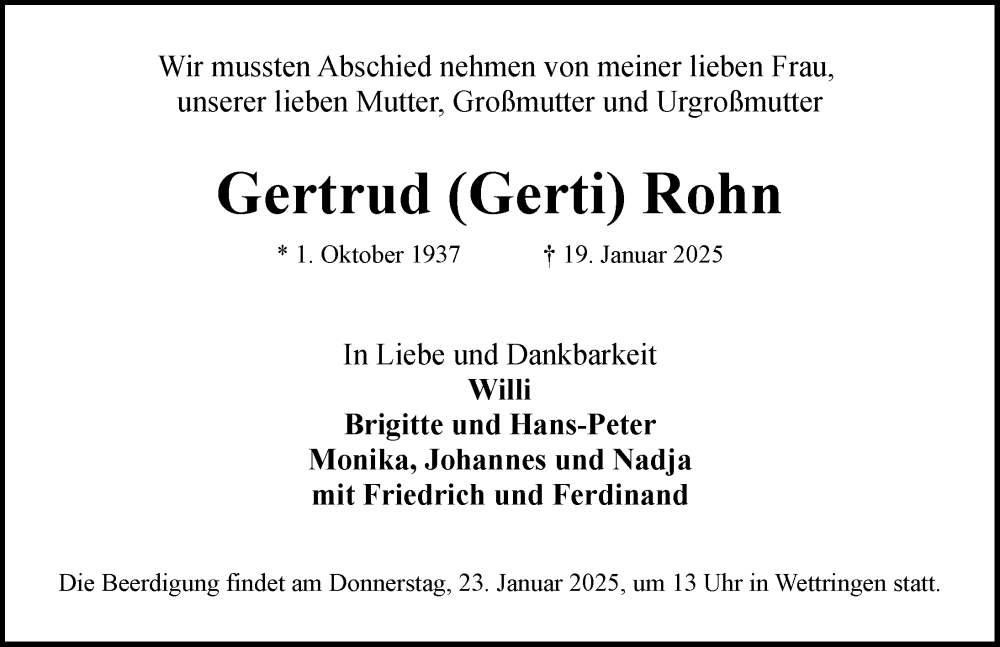  Traueranzeige für Gertrud  Rohn vom 22.01.2025 aus Rothenburg