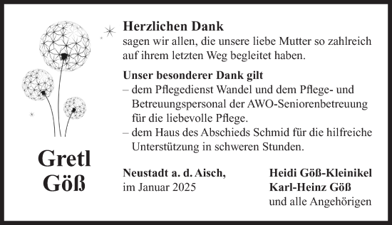 Traueranzeige von Gretl Göß von Neustadt/ Scheinfeld/ Uffenheim