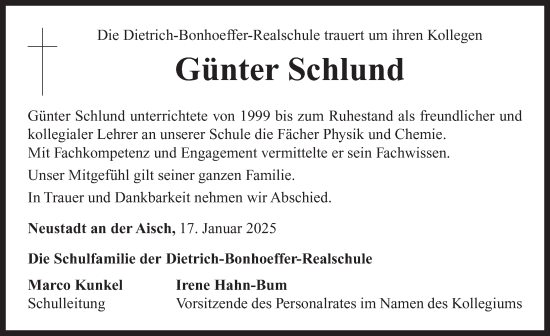 Traueranzeige von Günter Schlund von Neustadt/ Scheinfeld/ Uffenheim