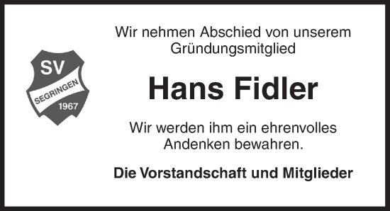 Traueranzeige von Hans Fidler von Dinkelsbühl/ Feuchtwangen