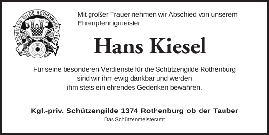 Traueranzeige von Hans Kiesel von Rothenburg