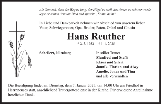 Traueranzeige von Hans Reuther von Neustadt/ Scheinfeld/ Uffenheim