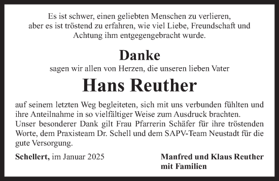 Traueranzeige von Hans Reuther von Neustadt/ Scheinfeld/ Uffenheim