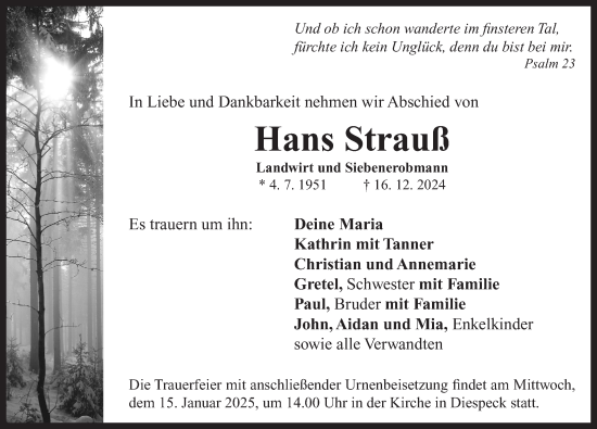 Traueranzeige von Hans Strauß von Neustadt/ Scheinfeld/ Uffenheim