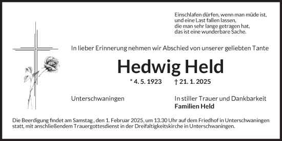 Traueranzeige von Hedwig Held von Dinkelsbühl/ Feuchtwangen
