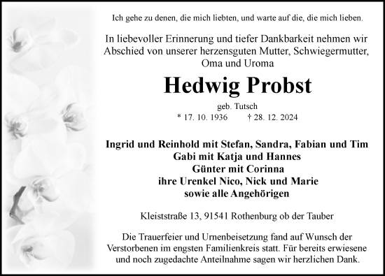 Traueranzeige von Hedwig Probst von Rothenburg