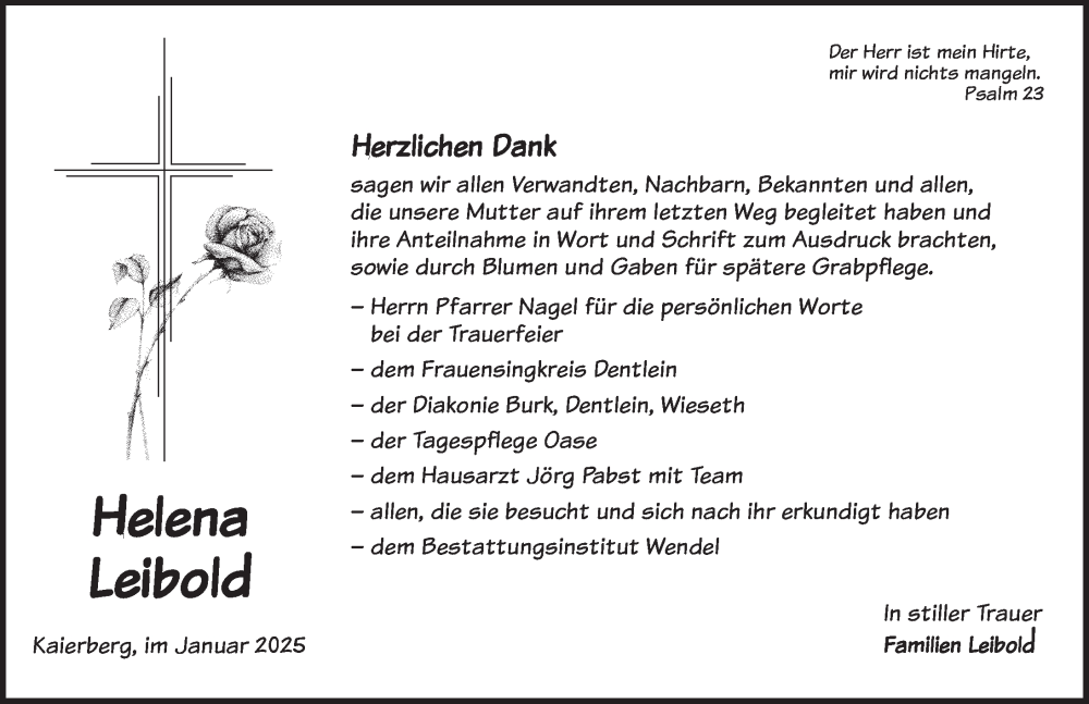  Traueranzeige für Helena Leibold vom 04.01.2025 aus Dinkelsbühl/ Feuchtwangen