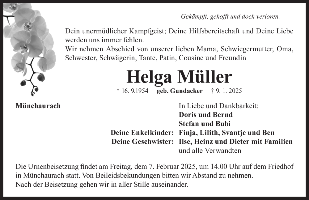  Traueranzeige für Helga Müller vom 16.01.2025 aus Neustadt/ Scheinfeld/ Uffenheim