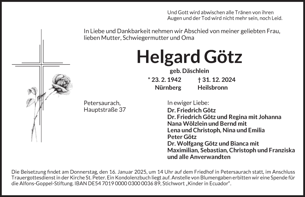  Traueranzeige für Helgard Götz vom 11.01.2025 aus Ansbach