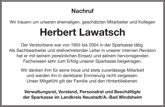 Traueranzeige von Herbert Lawatsch von Neustadt/ Scheinfeld/ Uffenheim