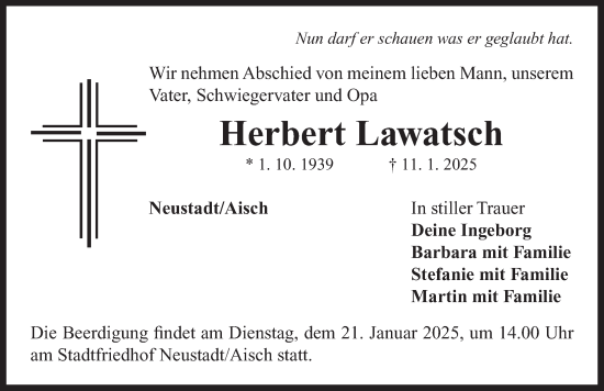 Traueranzeige von Herbert Lawatsch von Neustadt/ Scheinfeld/ Uffenheim