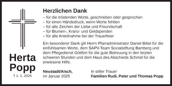 Traueranzeige von Herta Popp von Neustadt/ Scheinfeld/ Uffenheim