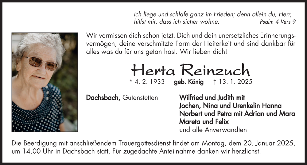  Traueranzeige für Herta Reinzuch vom 18.01.2025 aus Neustadt/ Scheinfeld/ Uffenheim