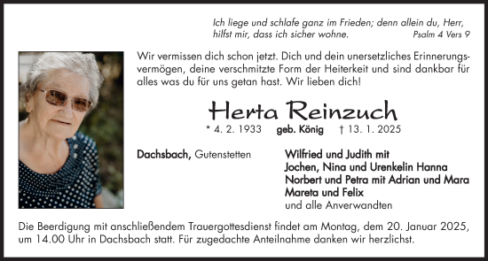 Traueranzeige von Herta Reinzuch von Neustadt/ Scheinfeld/ Uffenheim