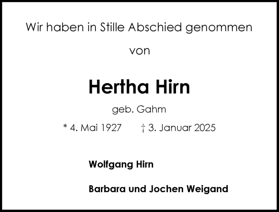Traueranzeige von Hertha Hirn von Rothenburg