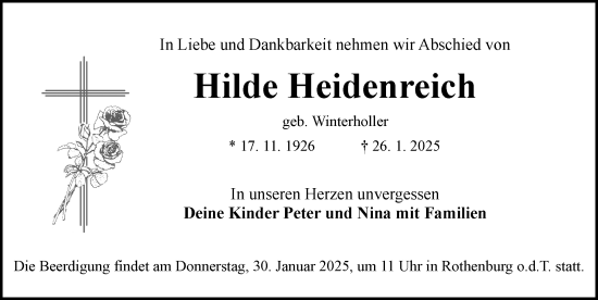 Traueranzeige von Hilde Heidenreich von Rothenburg