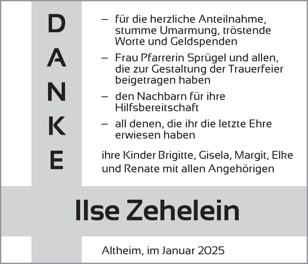  Traueranzeige für Ilse Zehelein vom 23.01.2025 aus Neustadt/ Scheinfeld/ Uffenheim