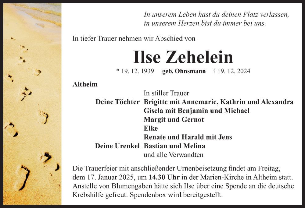  Traueranzeige für Ilse Zehelein vom 14.01.2025 aus Neustadt/ Scheinfeld/ Uffenheim