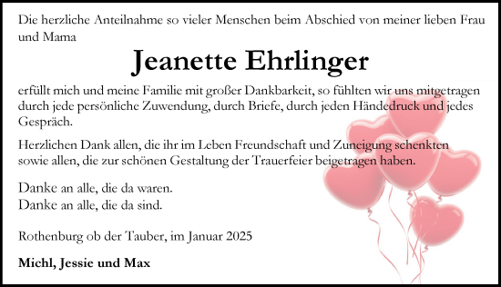 Traueranzeige von Jeanette Ehrlinger von Rothenburg