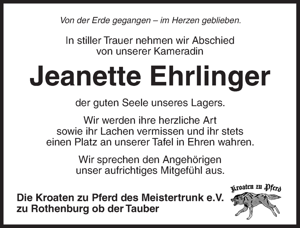  Traueranzeige für Jeanette Ehrlinger vom 02.01.2025 aus Rothenburg