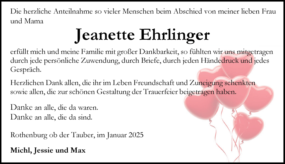  Traueranzeige für Jeanette Ehrlinger vom 25.01.2025 aus Rothenburg