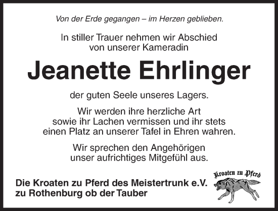 Traueranzeige von Jeanette Ehrlinger von Rothenburg