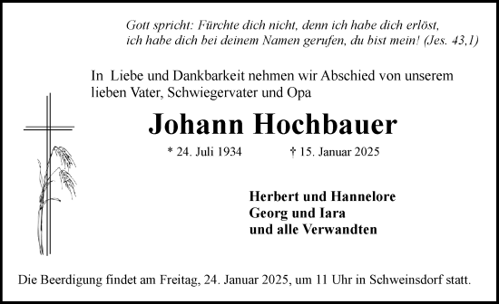 Traueranzeige von Johann Hochbauer von Rothenburg