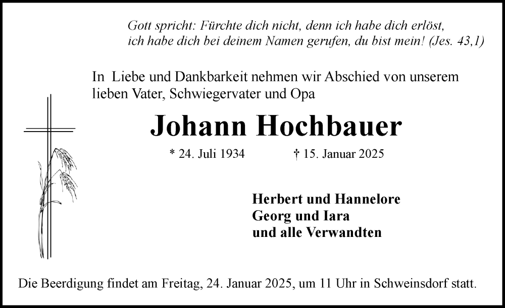  Traueranzeige für Johann Hochbauer vom 21.01.2025 aus Rothenburg