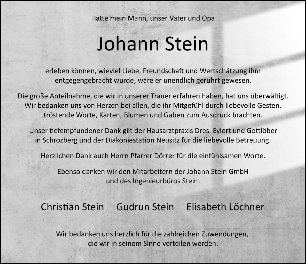  Traueranzeige für Johann Stein vom 18.01.2025 aus GE