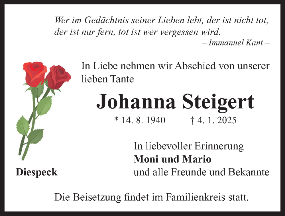  Traueranzeige für Johanna Steigert vom 08.01.2025 aus Neustadt/ Scheinfeld/ Uffenheim