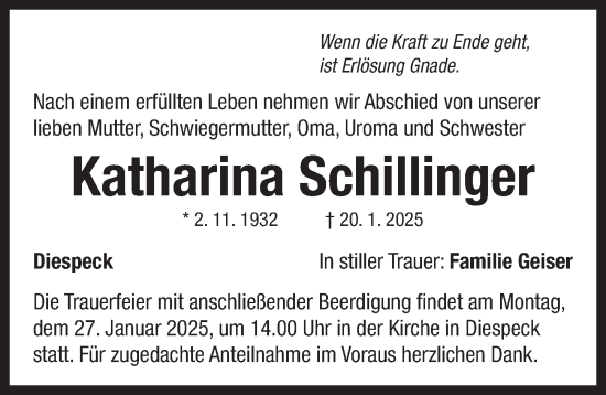 Traueranzeige von Katharina Schillinger von Neustadt/ Scheinfeld/ Uffenheim