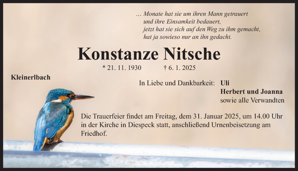  Traueranzeige für Konstanze Nitsche vom 25.01.2025 aus Neustadt/ Scheinfeld/ Uffenheim