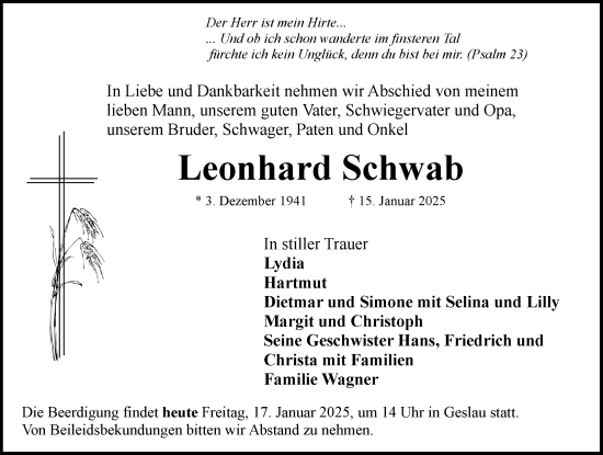 Traueranzeige von Leonhard Schwab von Rothenburg