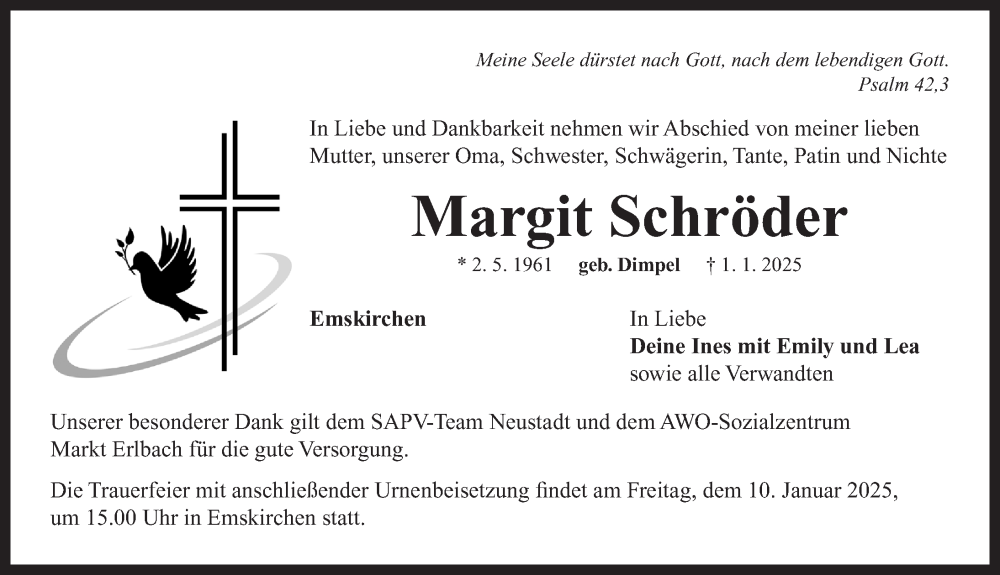  Traueranzeige für Margit Schröder vom 08.01.2025 aus Neustadt/ Scheinfeld/ Uffenheim