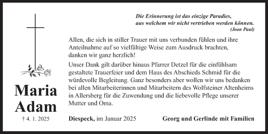 Traueranzeige von Maria Adam von Neustadt/ Scheinfeld/ Uffenheim