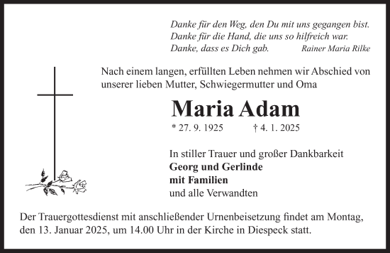 Traueranzeige von Maria Adam von Neustadt/ Scheinfeld/ Uffenheim
