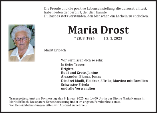 Traueranzeige von Maria Drost von Neustadt/ Scheinfeld/ Uffenheim