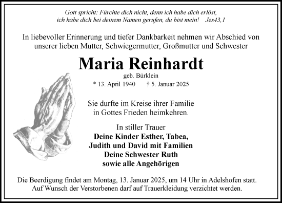 Traueranzeige von Maria Reinhardt von Rothenburg