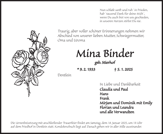 Traueranzeige von Mina Binder von Dinkelsbühl/ Feuchtwangen