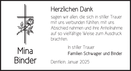 Traueranzeige von Mina Binder von Dinkelsbühl/ Feuchtwangen