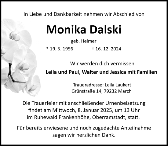 Traueranzeige von Monika Dalski von Rothenburg